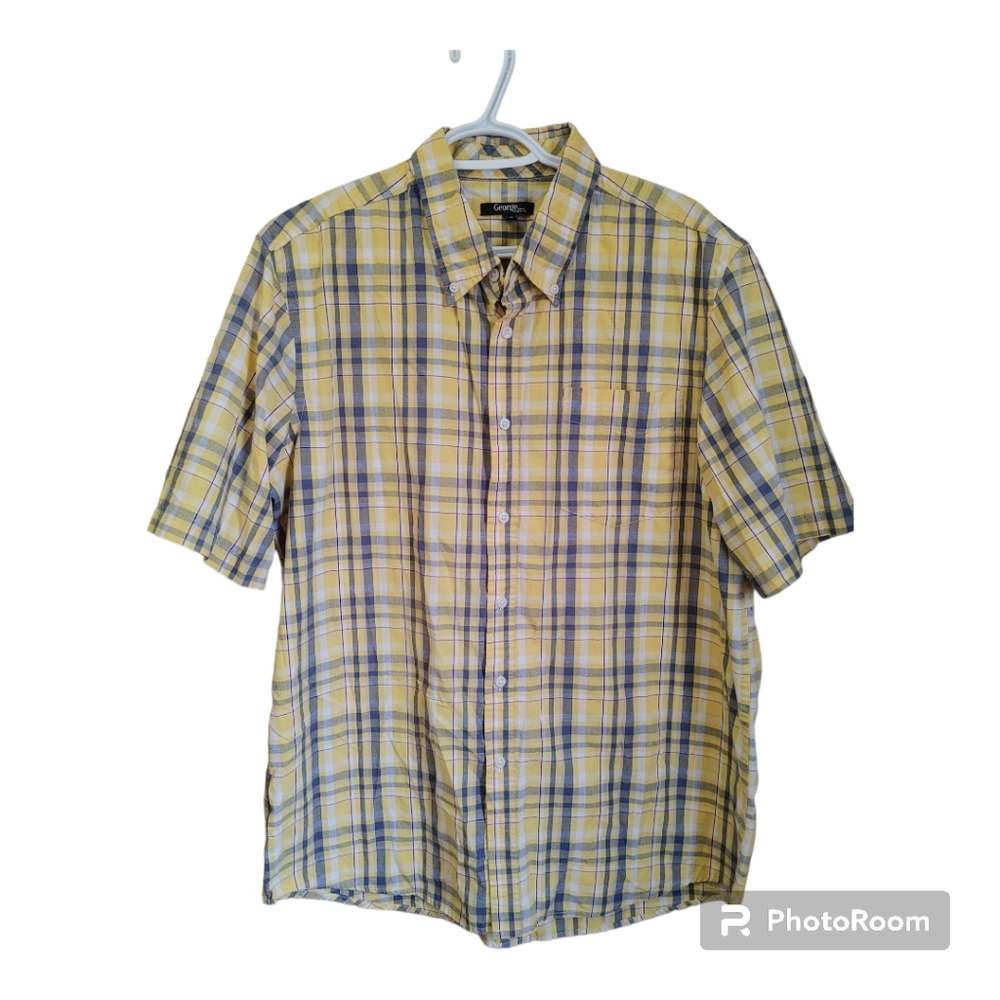 GEORGE Yellow Plaid Short Sleeve Button Down Shirt Size Large